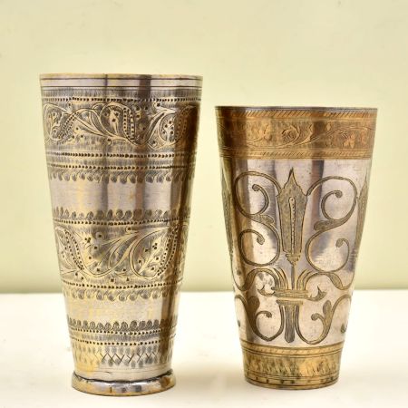 Floral Design Golden Brass Vintage Butter Milk Cup - Pack of 2